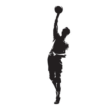 Volleyball player with ball, isolated vector silhouette. Front view