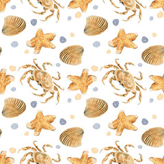 Hand drawn watercolor illustration seamless pattern beach vacation holiday sea seaside underwater marine seafood sea creatures dots shells starfish sea star crab - 194393981