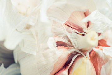 Fototapeta na wymiar Fresh garlic on the wooden background. Selective focus.