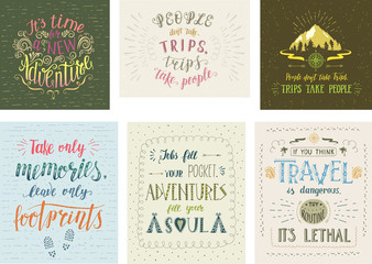 Set of travel posters. Vector hand drawn illustrations for t-shirt print or posters with hand-lettering quotes.