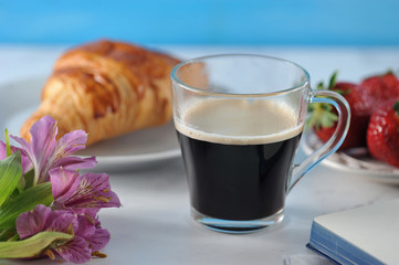 Morning romantic Breakfast - coffee mag, empty notebook