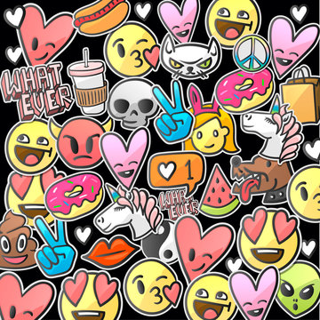Pattern of emoticons stickers, emoji smile faces on a black background