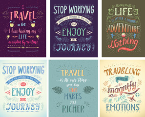 Set of travel posters. Vector hand drawn illustrations for t-shirt print or posters with hand-lettering quotes.