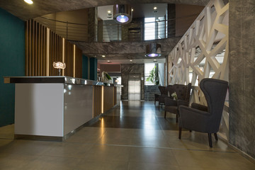 Hotel reception area interior with reception desk