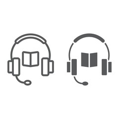 Book with headphones line and glyph icon, e learning and education, audio guide sign vector graphics, a linear pattern on a white background, eps 10.