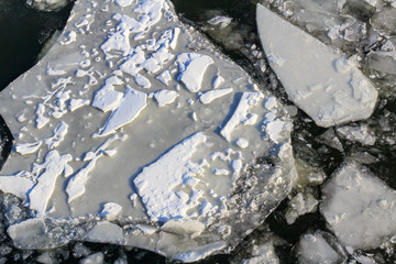 Broken ice on the surface of the river in winter. Ice floes texture