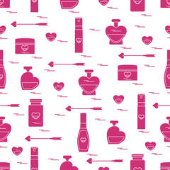 Cute seamless pattern with various accessories for the care of your body and hair: perfume bottles in the shape of a heart, cream, hair spray and other.