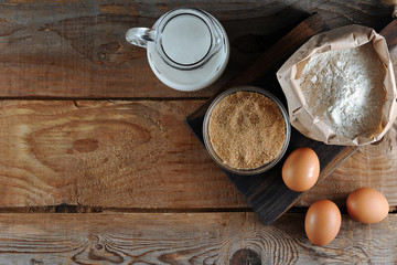 ingredients for dough: flour, sugar, eggs and milk
