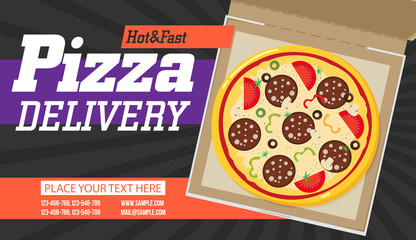 Pizza box vector advertisement banner. Pizza box delivery service.