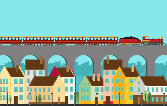 Train on railway with outdoor town landscape. Vector travel concept background.