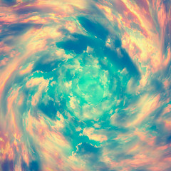 Spiral tunnel from clouds. Bright colorful fairy tale square background. Abstract texture heaven...