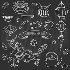 Hand drawn doodle Happy Chinese New Year icons set. Vector illustration. Asian lunar festival collection. Cartoon sketch celebration elements: firecracker, golden coin, money envelope, dragon, lantern