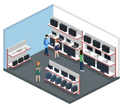 Isometric 3D vector illustration computer store and hardware store