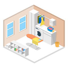 Fototapeta na wymiar Laundry or cleaning room with washing machine and iron isometric 3D vector illustration