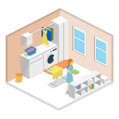Laundry or cleaning room with washing machine and iron isometric 3D vector illustration