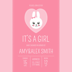 Cute baby shower girl invite card vector template. Cartoon animal illustration. Pink design with little bunny in heart patches. Kids poster banner or newborn birthday party invitation background.