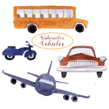 Watercolor objects elements street urban vehicle traffic transport. School bus, bike, retro car, plane, motorbike cartoon illustration