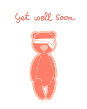 Get well soon card. Teddy bear with bandaged head