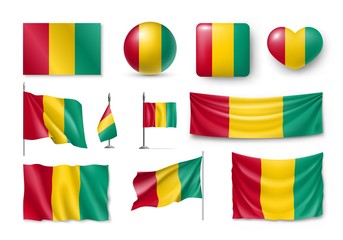 Set Guinea flags, banners, banners, symbols, Realistic icon. Vector illustration of collection of national symbols on various objects and state signs