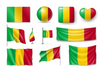Set Mali flags, banners, banners, symbols, Realistic icon. Vector illustration of collection of national symbols on various objects and state signs