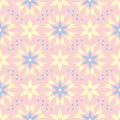 Pink floral seamless pattern with light blue and yellow flower elements