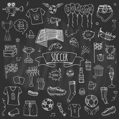 Hand drawn doodle Soccer set Vector illustration Sketchy sport traditional icons Cartoon typical football elements collection Football ball, cleats, goal, trophy, whistle, gloves, boots isolated