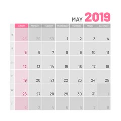 Practical light-colored planner, 2019, May, flat. Useful calendar for taking every day notes. Vector illustration