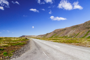 Road along the field and hill side view