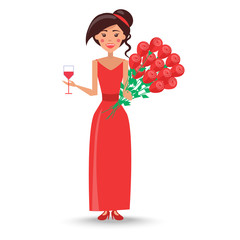 Female in Red Dress with Wineglass and Bouquet