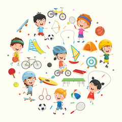 Vector Illustration Collection of Kids and Sport Equipments