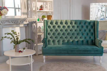 Cozy sofa, shelving, coffee table, vase with eucalyptus and decorative accessories in an elegant living room interior