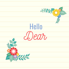Beautiful lined paper background with colorful flower with leaf ornament frame. Paper sheet for memo, note, quote, greeting card.