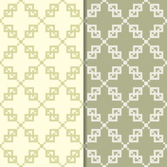 Olive green geometric ornaments. Set of seamless patterns