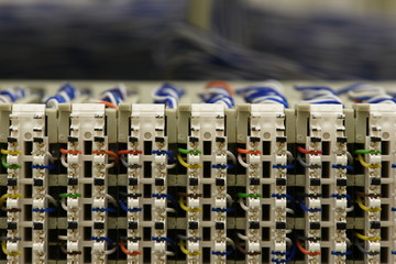 Telecommunication main distribution frame with cables, close up