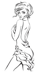Graphic image of a fashion girl in a beautiful dress. Vector illustration