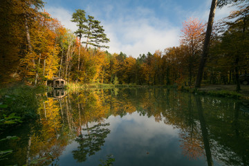 Obraz premium symmetric reflection of wooden summer house and autumn forest in the lake