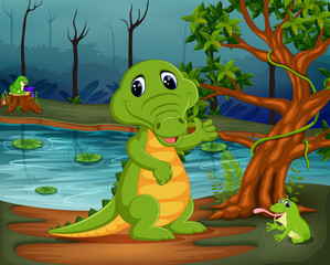 Fototapeta premium crocodile and frog in the jungle with lake scene