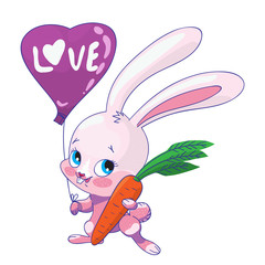 Cute pink bunny with carrots and a balloon with the inscription I love you