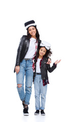 happy stylish mother and daughter in virtual reality headsets isolated on white