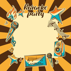 Karaoke party card. Music event background. Illustration in retro style