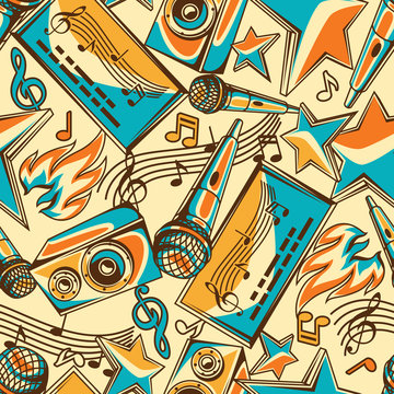 Karaoke party seamless pattern. Music event background. Illustration in retro style