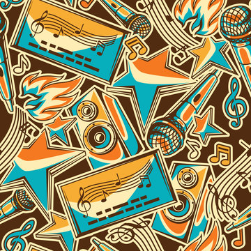 Karaoke party seamless pattern. Music event background. Illustration in retro style