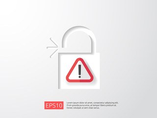 open padlock attention icon with exclamation mark symbol warning alert sign. account access security banner concept. safe secure of personal access, user authorization, VPN internet protection.