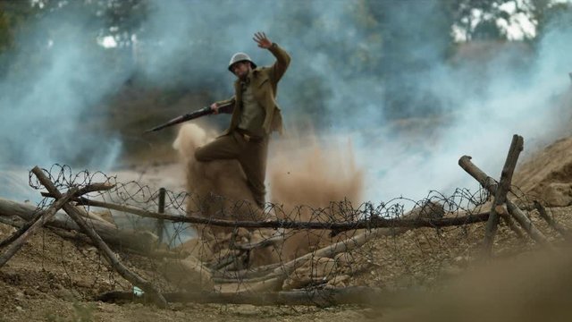 WW2 soldier on the battlefield, slow motion