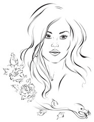 Graphic portrait of a young cute girl with beautiful hair. Vector illustration