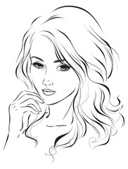 Graphic portrait of a young thoughtful girl with beautiful hair. Vector illustration