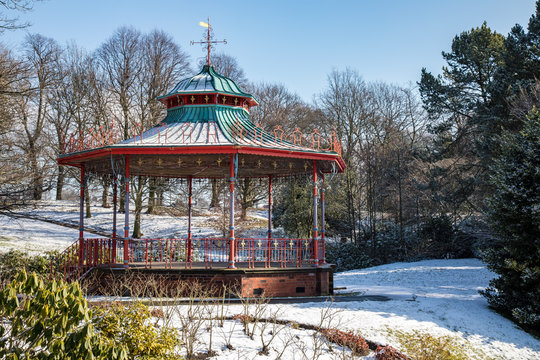 Snow topped bandstand in Sefton Park
