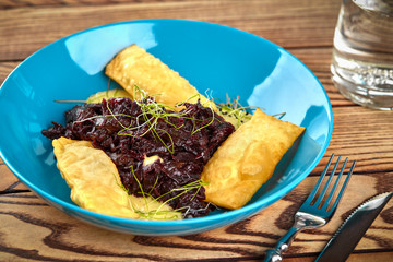 Watercress and beetroot salad with toasted sunflower seeds.