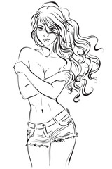 Sketch of a young girl with beautiful hair in shorts