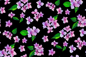 Fototapeta na wymiar Lilac wild flowers seamless pattern. Small flowers and leaves hand drawn. Vector illustration for textile, wrapping, scrapbooking.